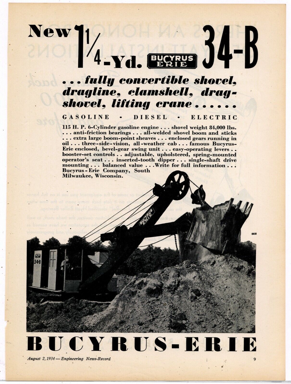 1934 Bucyrus Erie Equipment Ad: 1.25 YD.  34-B Shovel, Dragline, Crane Clamshell