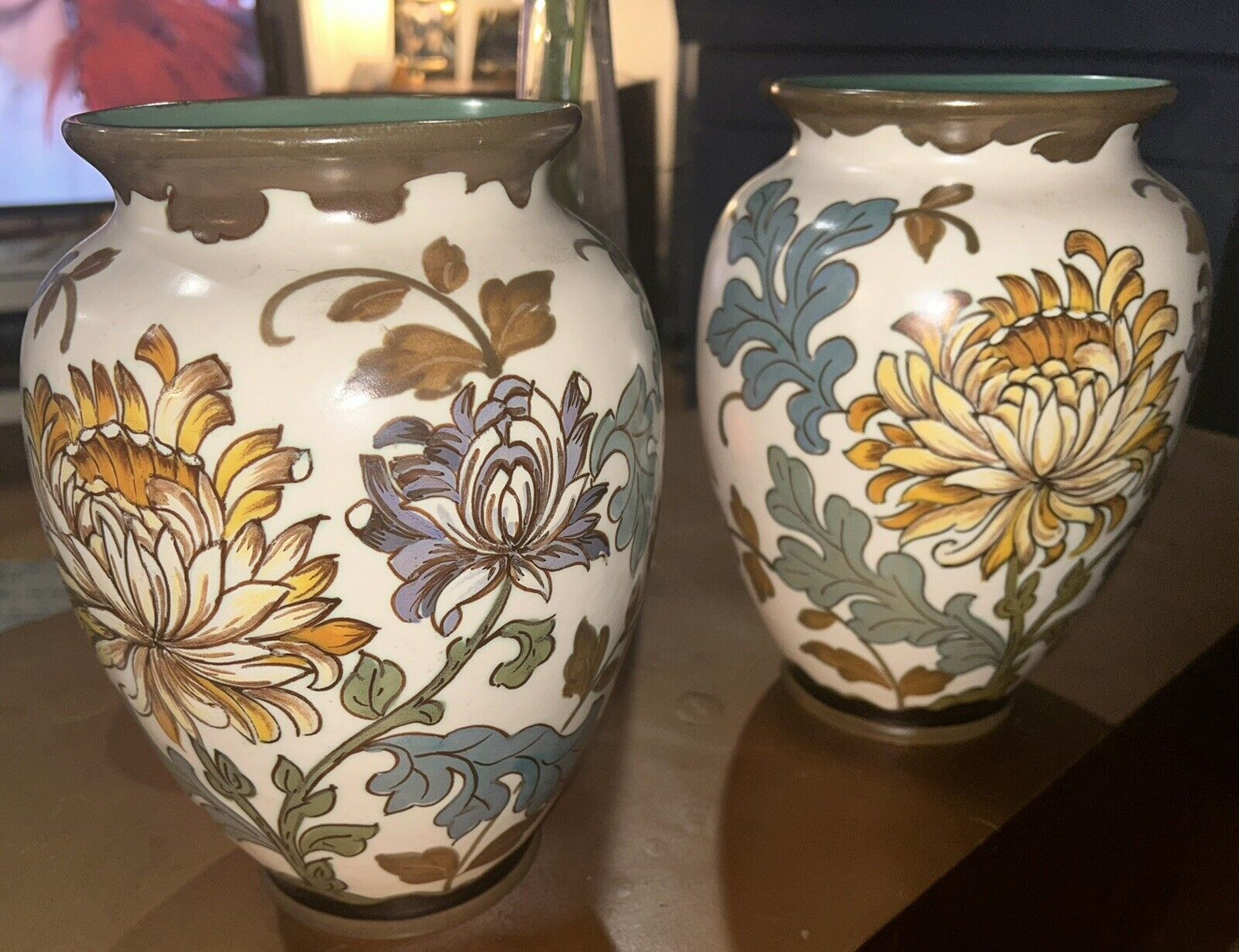 Vintage Set Royal Gouda Koninklyk Chrysantheme Vase 3451 Hand Painted Rare