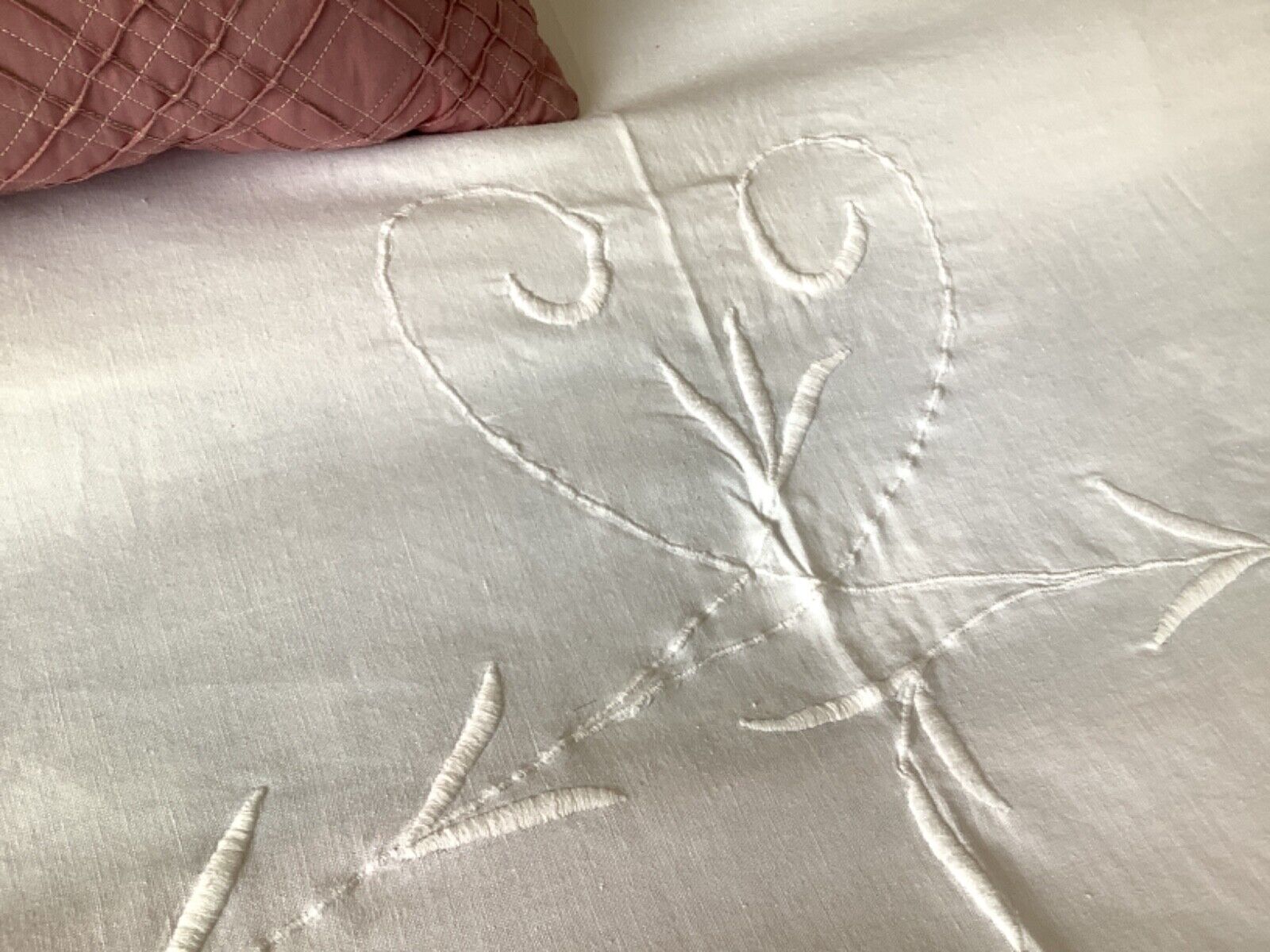 Vintage White Linen Hand Embroidered Bedspread early 1900s 266 x 212 cms wide