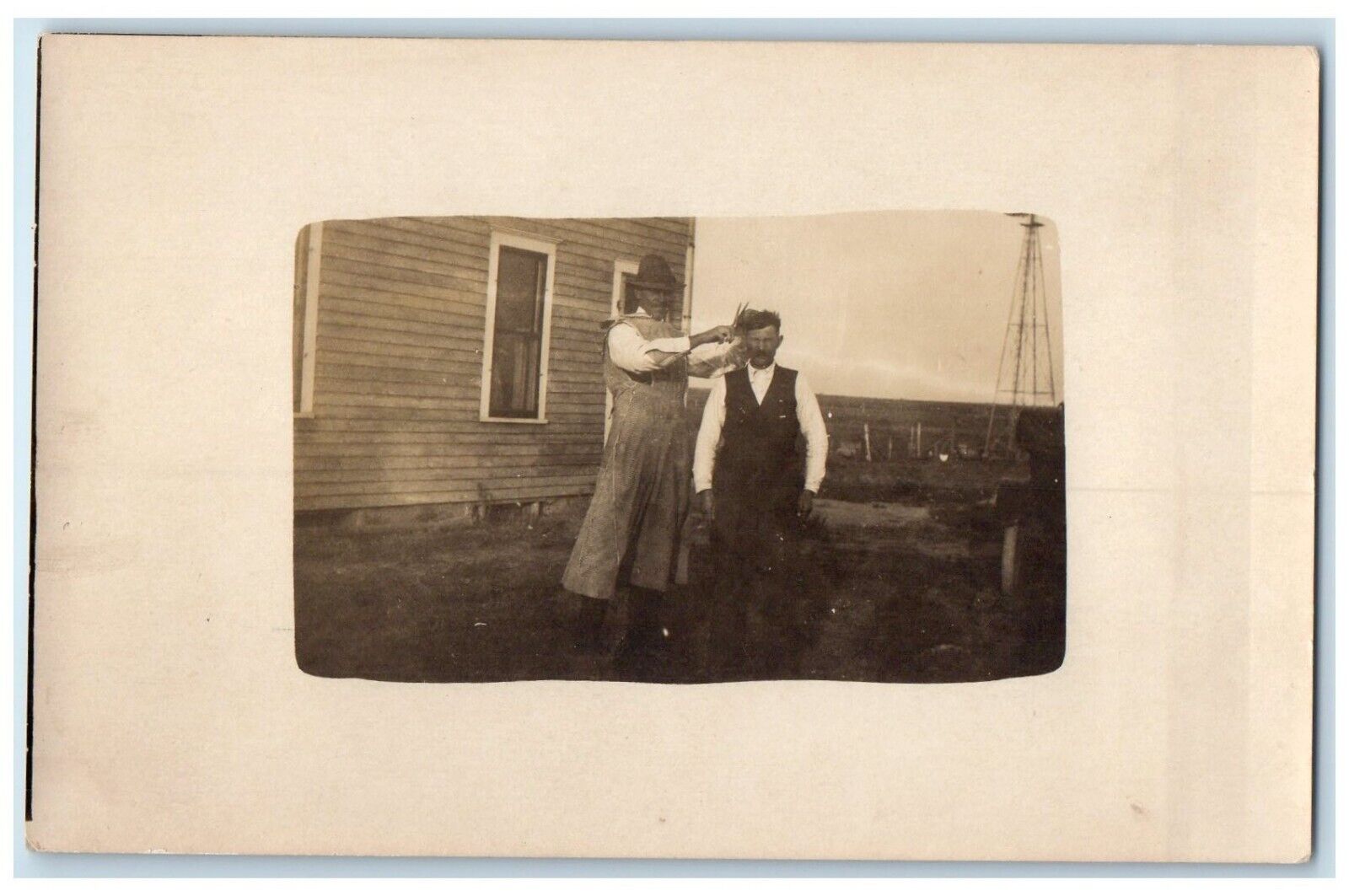 c1910's Uncle Garberg Getting Haircut On Farm RPPC Photo Posted Antique Postcard