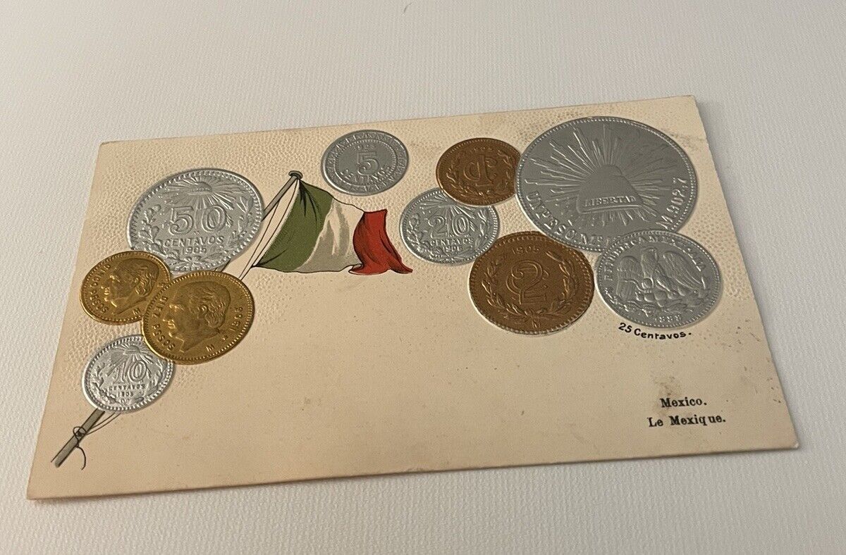 Embossed coinage national flag & coins vintage postcard currency Mexico