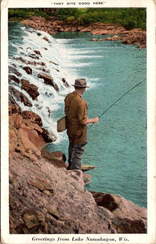 Postcard Greetings from Lake Namakagon They Bite Good Here Wisconsin 1932   8026