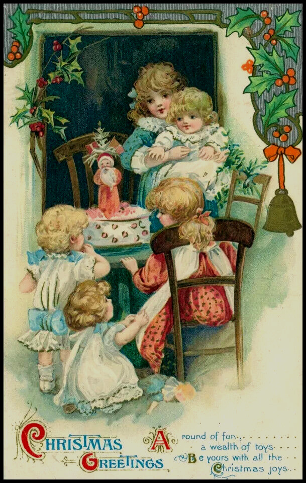 Victorian Children with Tiny Santa Claus~Antique Christmas Postcard~k310