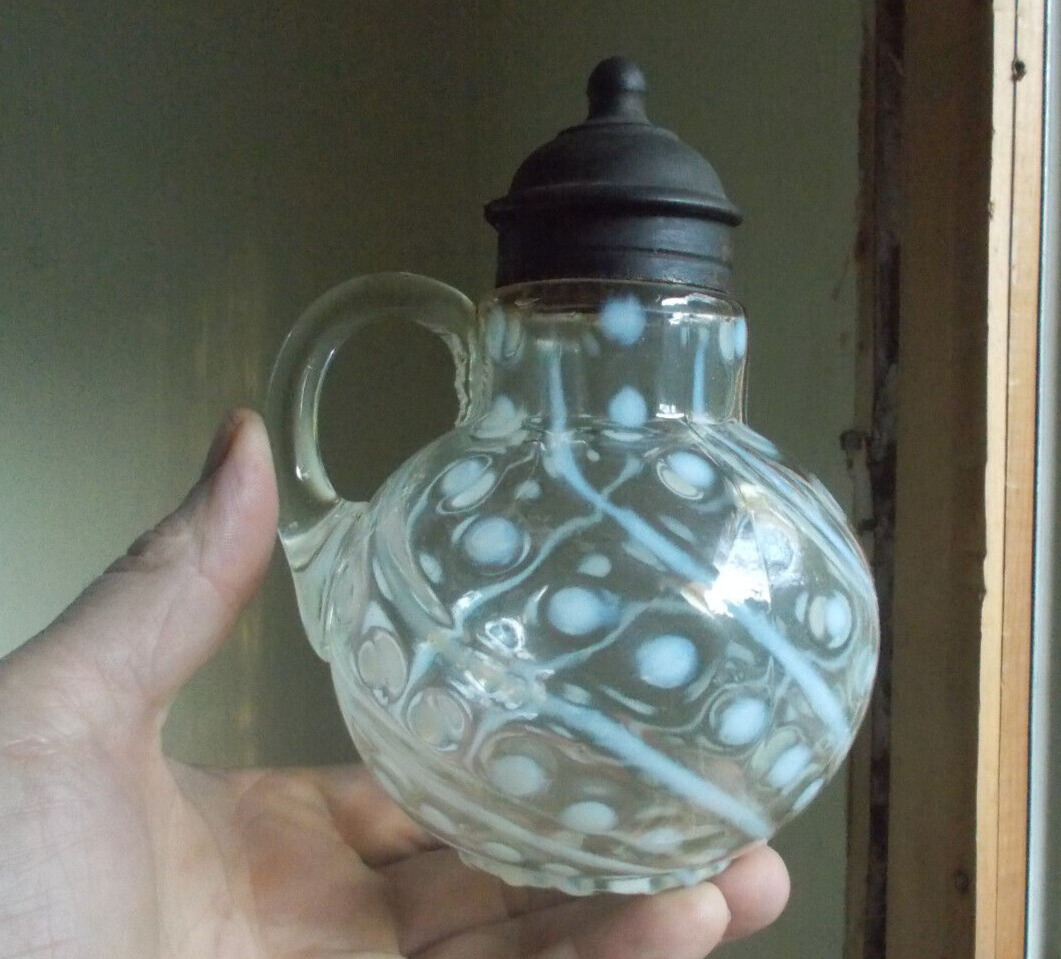 1890s NORTHWOOD OPALESCENT COIN SPOT & SWIRL CLEAR GLASS SYRUP PITCHER WITH LID