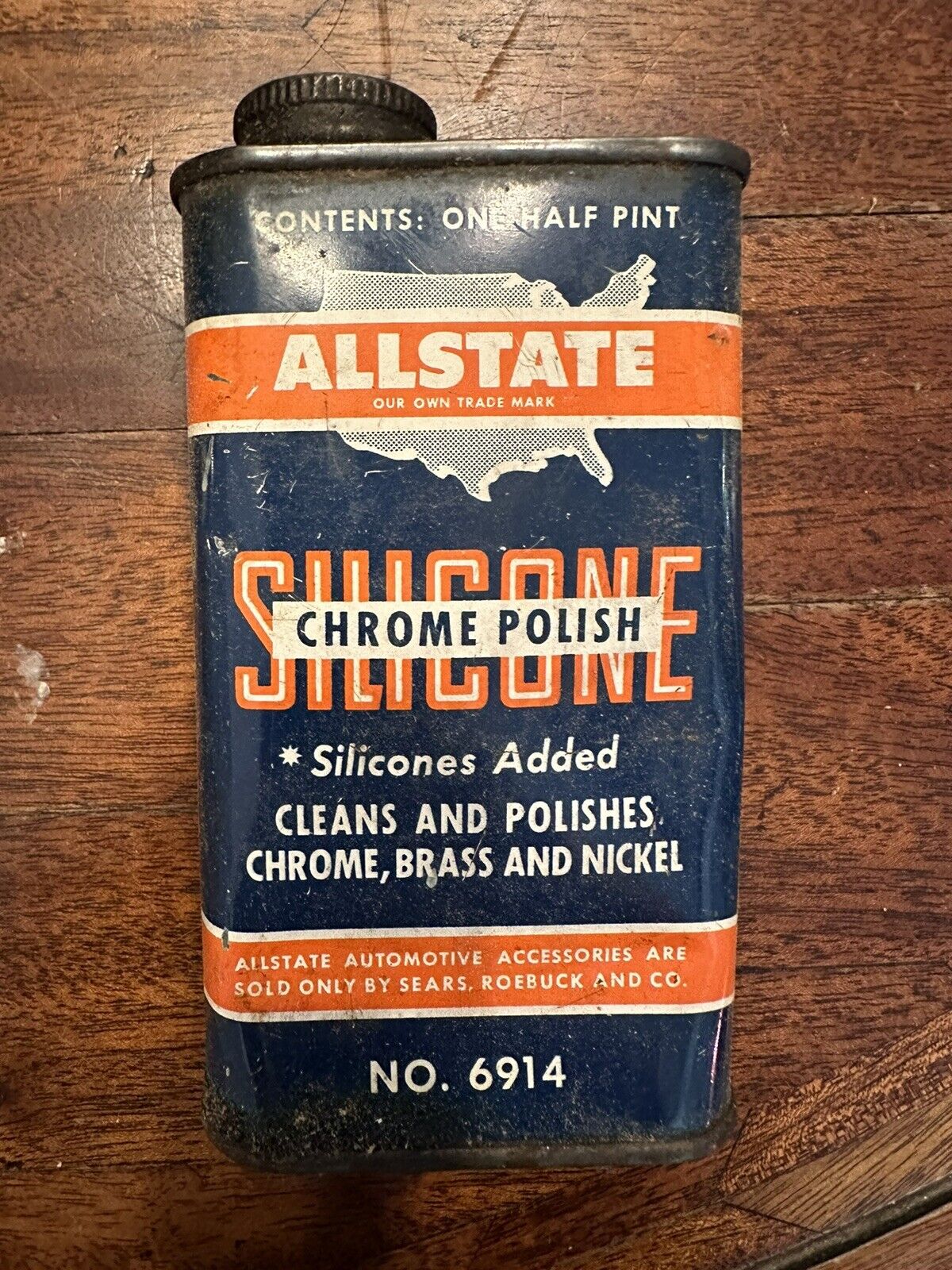 Vintage Sears Roebuck Allstate 1/2 Pint Chrome Polish Advertising Auto Tin