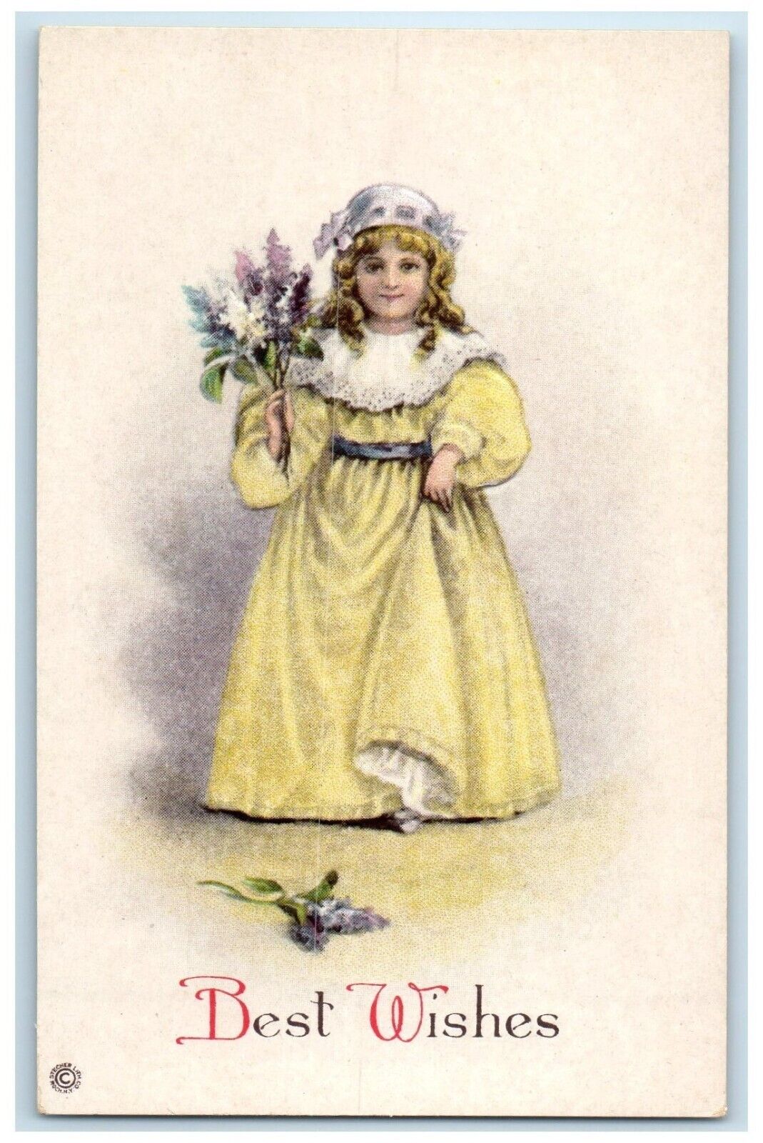 c1910s Best Wishes Pretty Girl Curly Hair With Flowers Embossed Antique Postcard