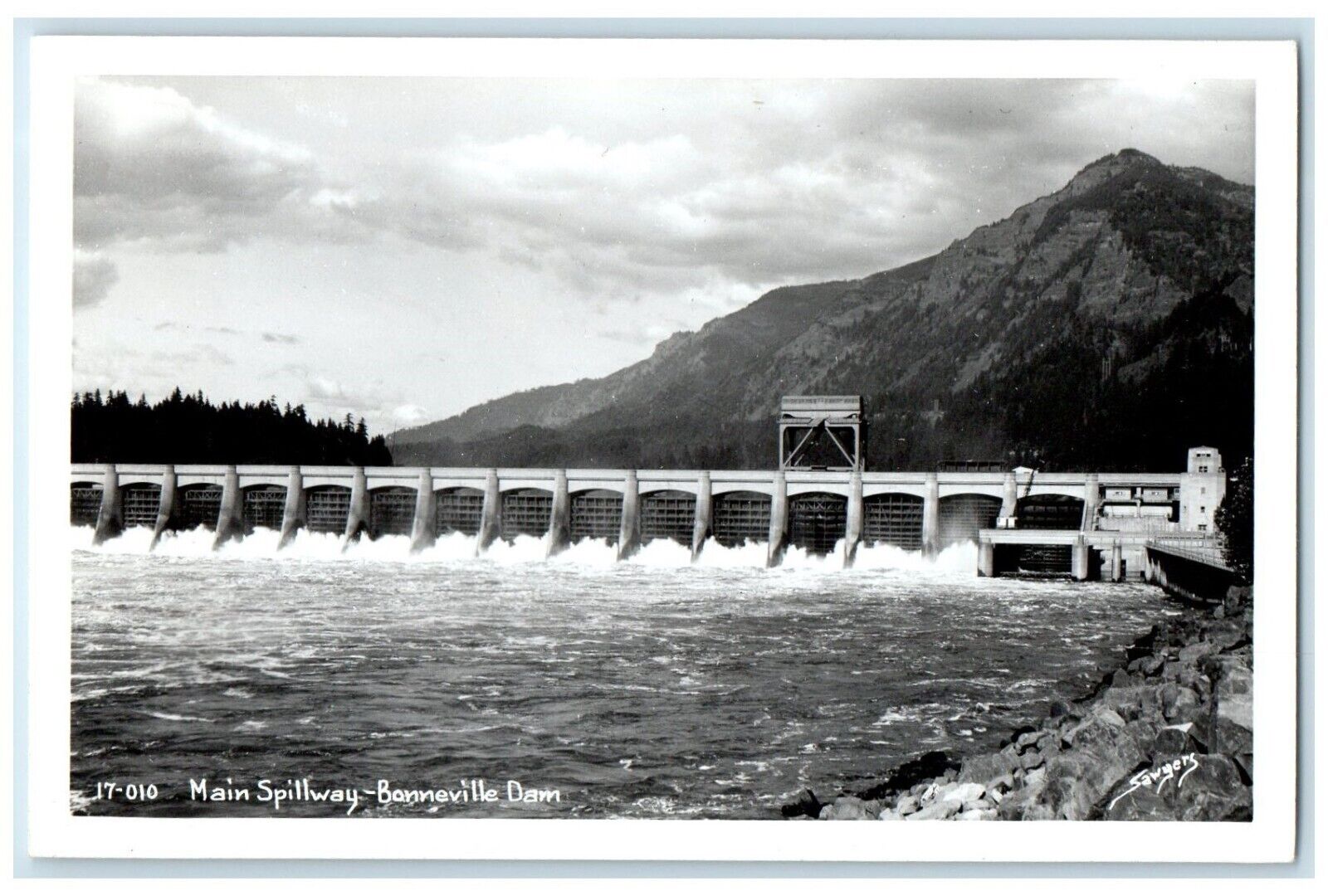 c1940's Main Spillway Bonneville Dam Oregon OR Sawyers RPPC Photo Postcard