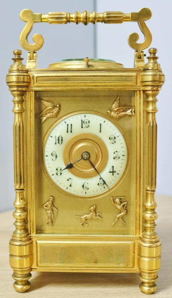 Rare Antique French 8 Day Striking Brass Masked Dial Repeater Carriage Clock
