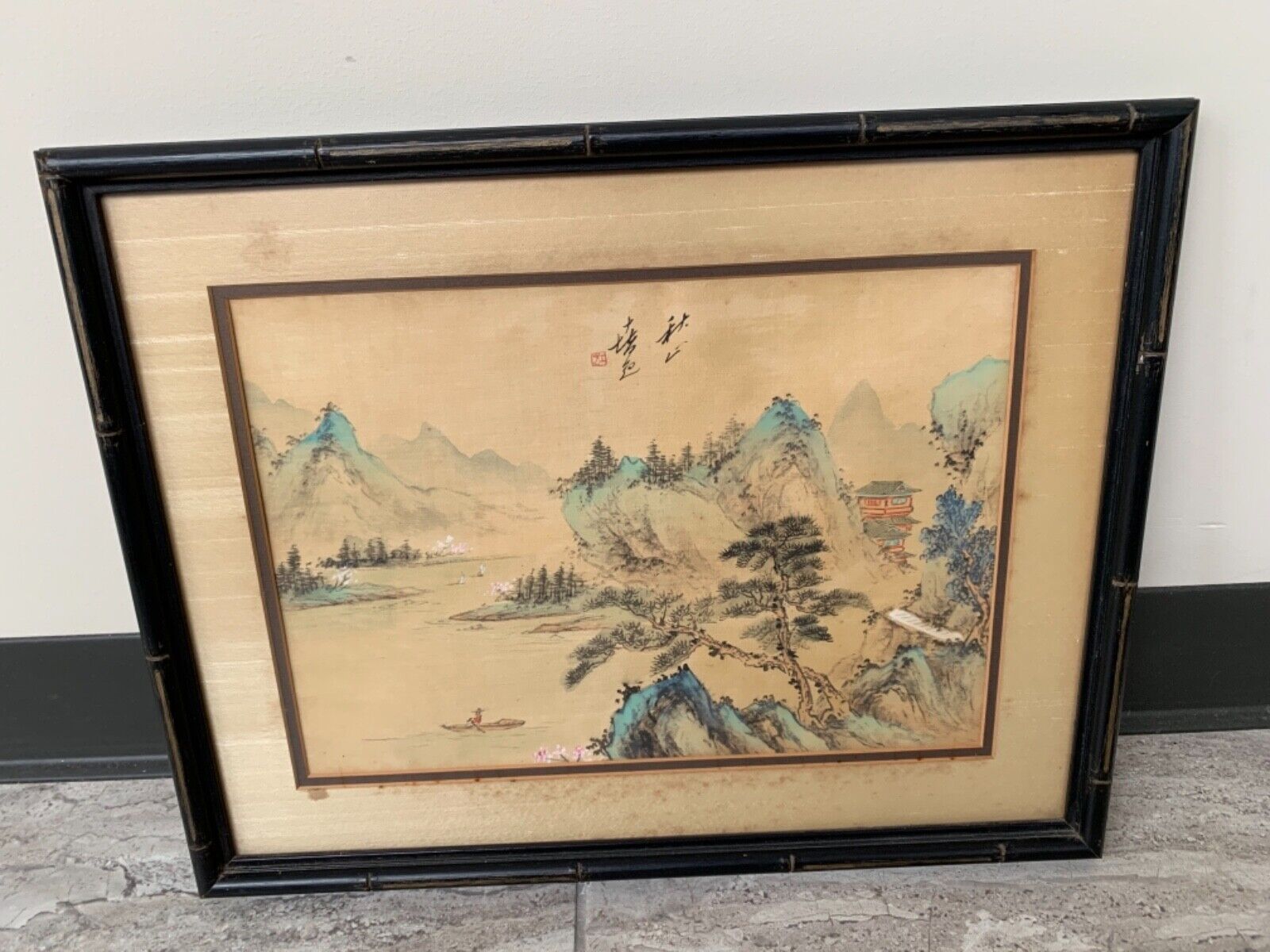 Vintage Chinese Asian Seascape Fisherman on Water Painting on Silk Framed