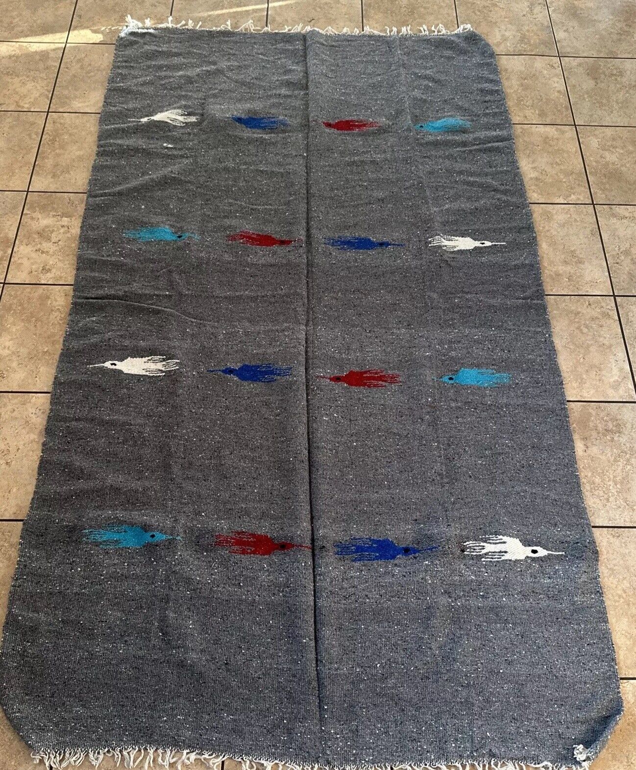 Vintage Woven Mexican Blankets - Thunderbird Flying Birds 82x47” Gray W/birds