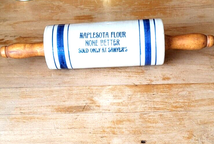 RARE STONEWARE ROLLING PIN-MAPLESOTA FLOUR NONE BETTER SOLD ONLY AT SAWYER'S