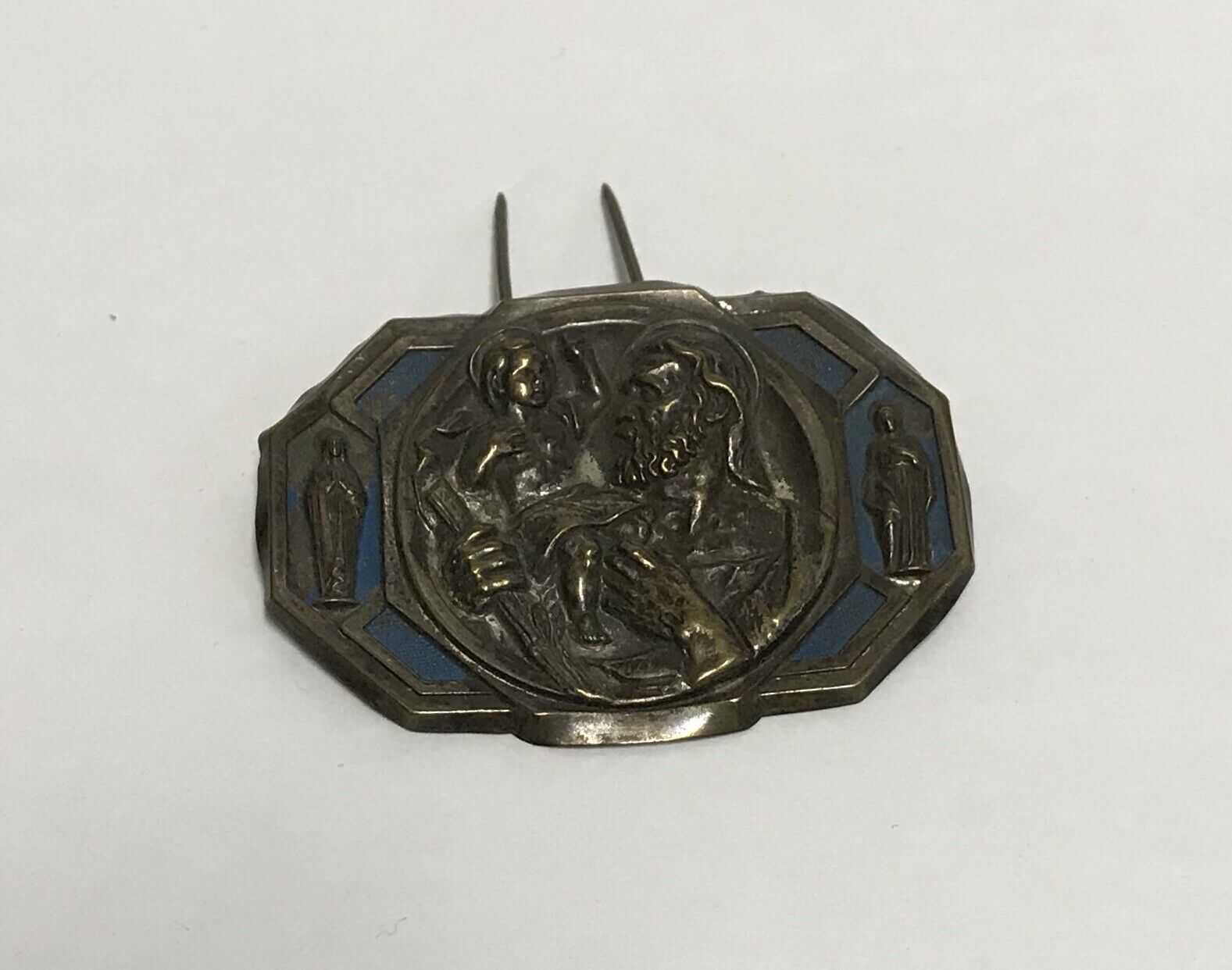 Unusual St Christopher 1930’s - 40s Auto Visor Pin Clip with Blue Enamel