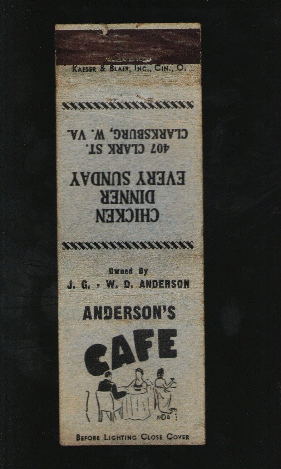 1940s Anderson\'s Cafe Chicken Dinner Clarksburg, WV Vintage Matchbook