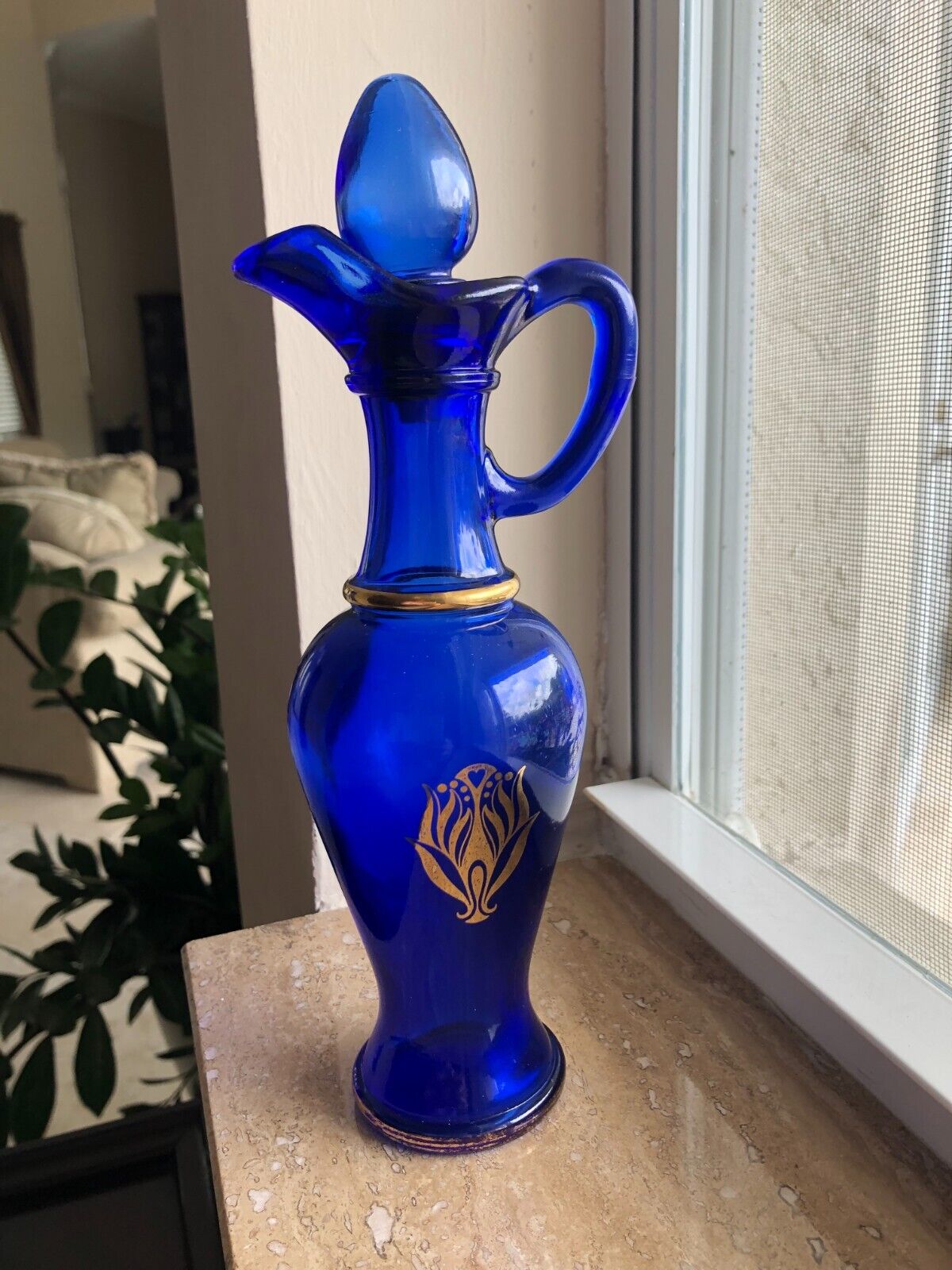 AVON Cobalt Blue Glass Decanter Bottle with Glass Top a Rare Vintage Collectible