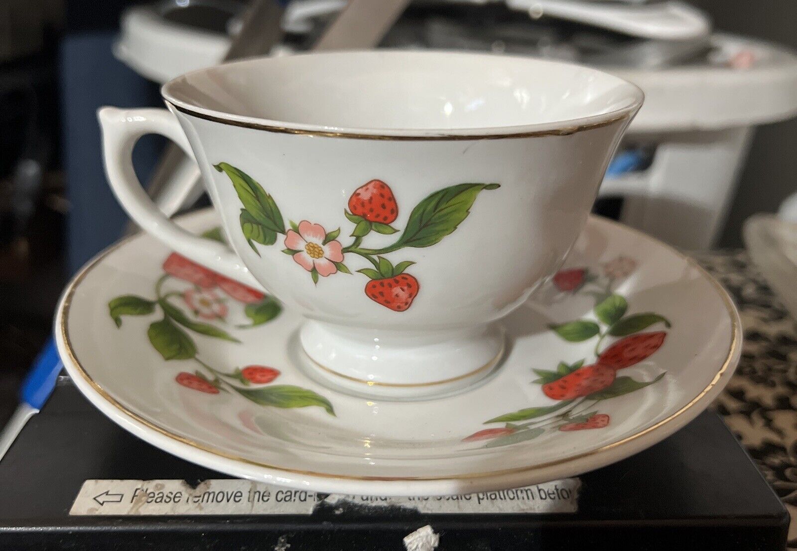 TELEFLORA Vintage Strawberry Teacup & Saucer With Display Stand 