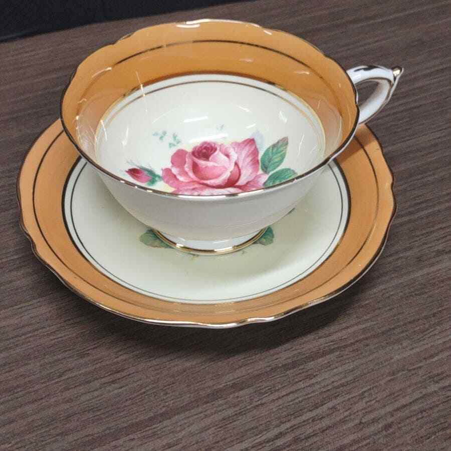 Paragon Tea Cup and Saucer Set Pink Rose Pale Orange England 1950s