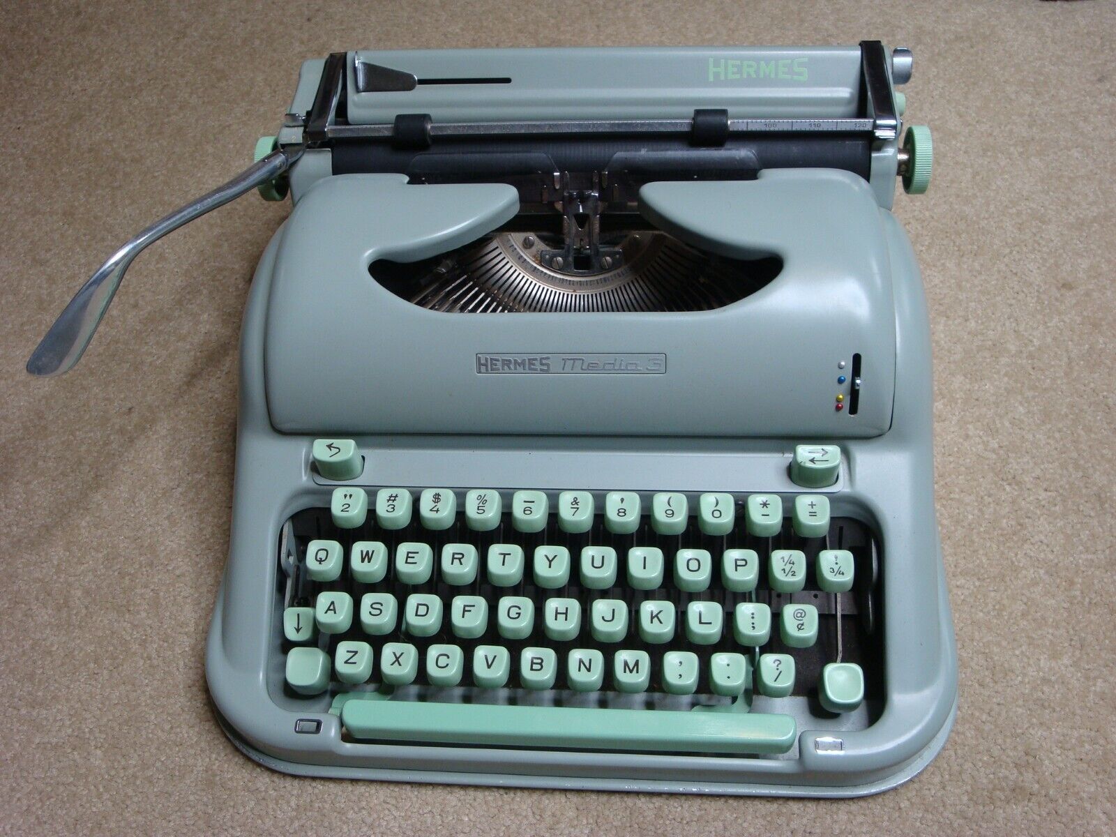 Vintage HERMES Media 3 Typewriter Swiss Made Seafoam Green 1962