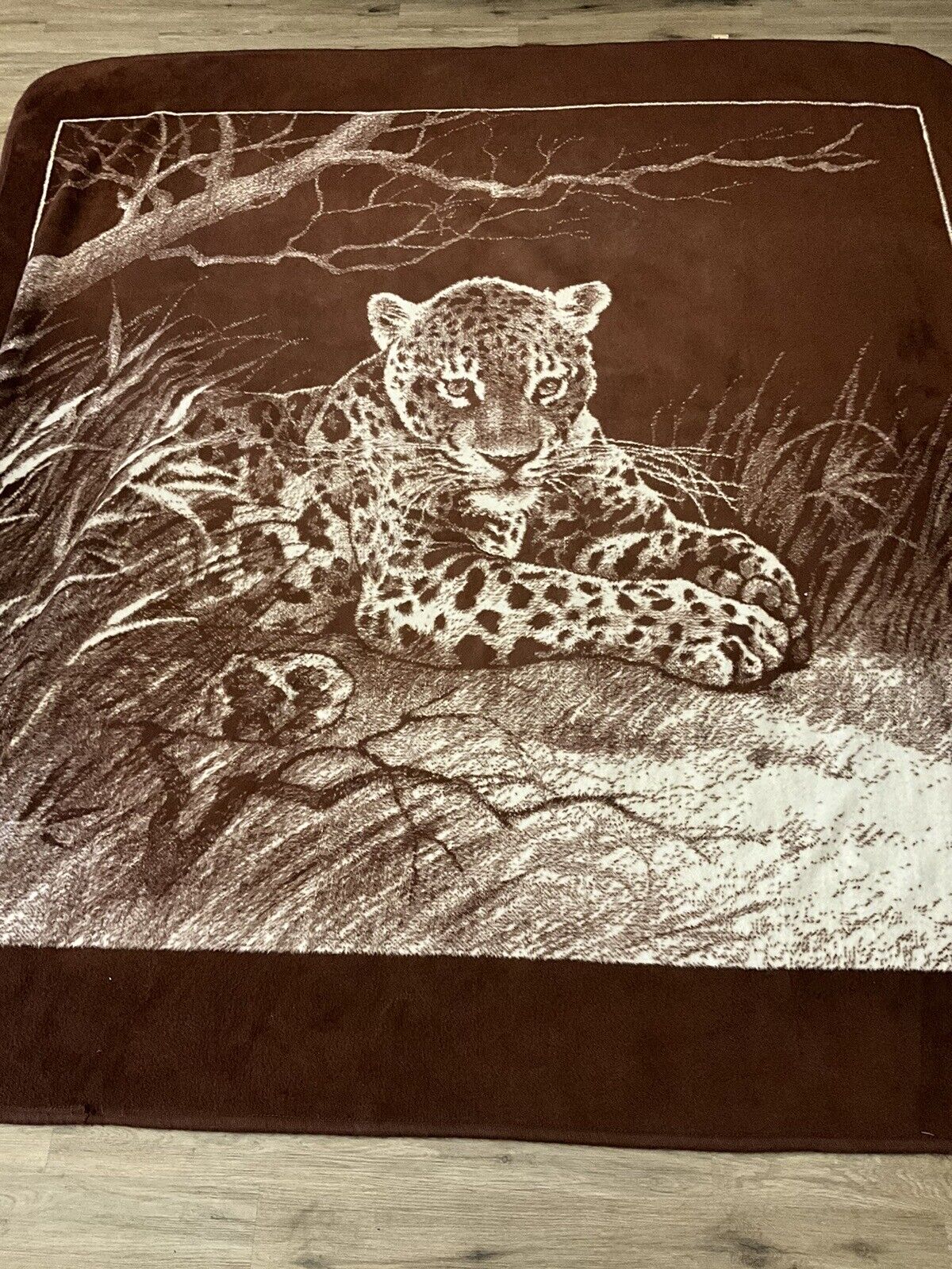 Vintage San Marcos Blanket Reversible Jungle Cheetah Leopard Brown Beige 96”x90”