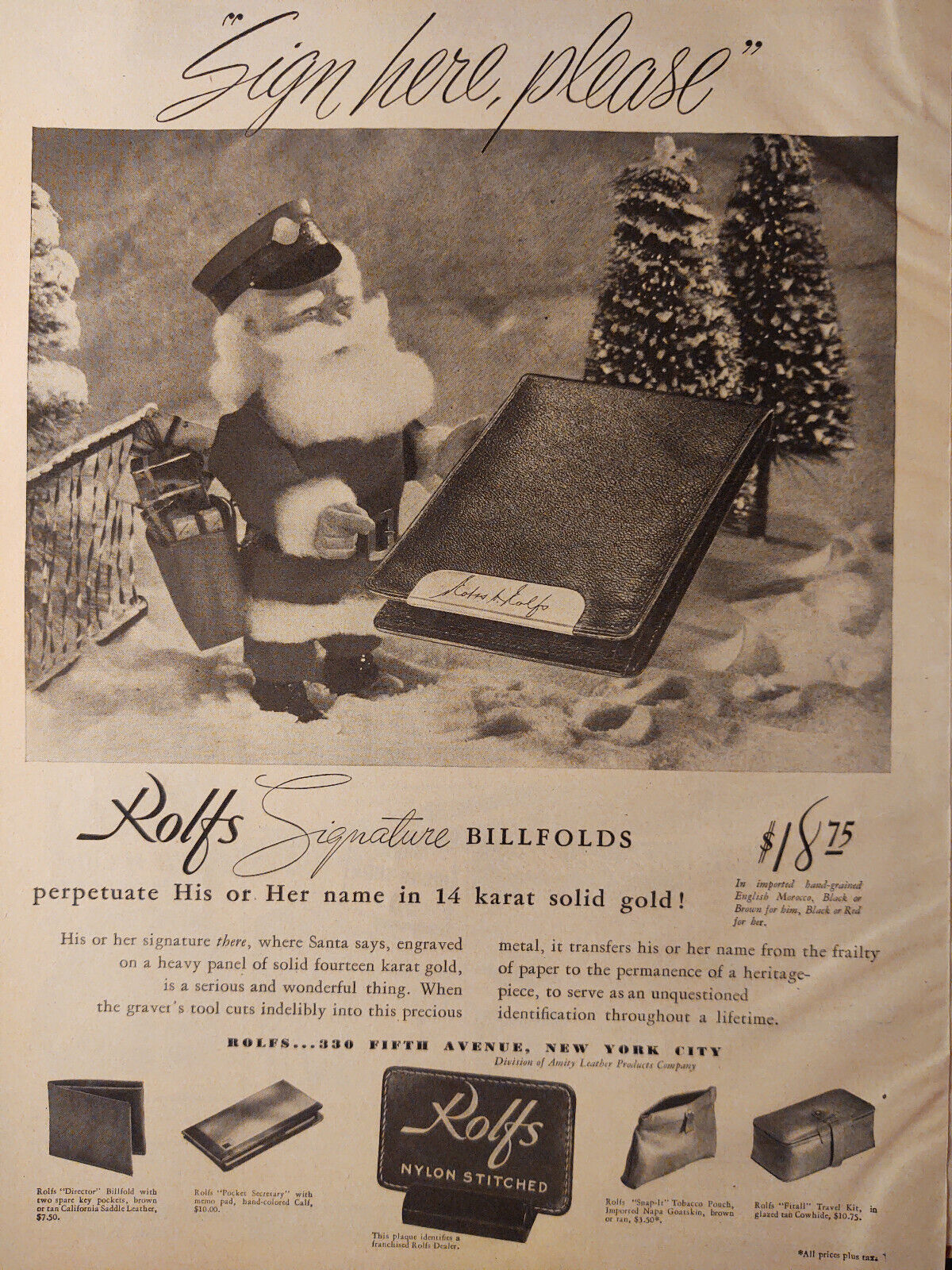 1947 Original Esquire Art Ad Advertisement Rolfs Billfolds Engraved
