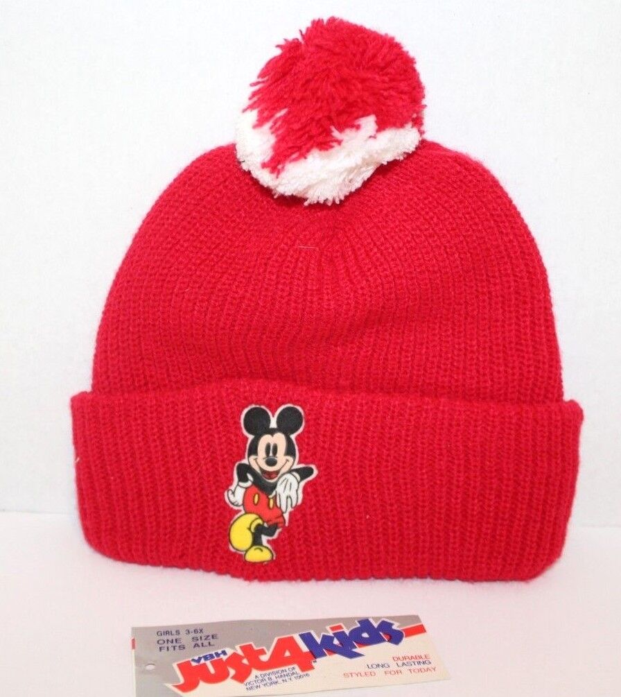 Mickey Mouse Disney Beanie Just 4 Kids Winter Stocking Hat Cap Pom Pom Vintage 