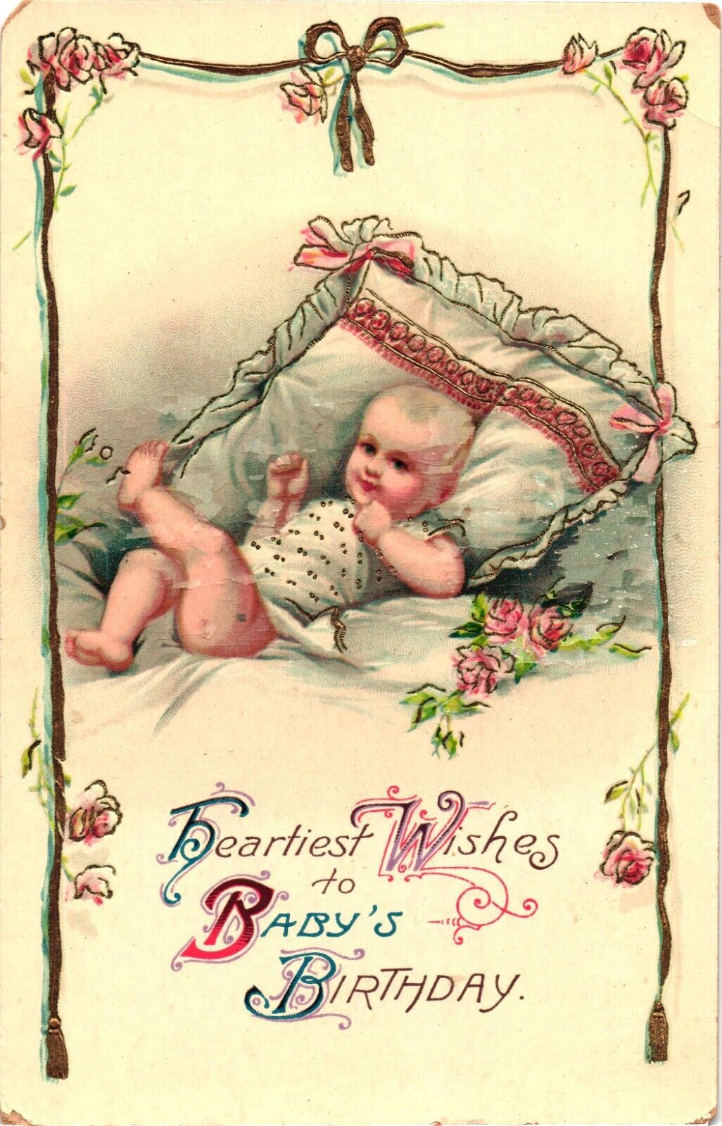 Heartiest Wishes Baby\'s Birthday Unused Vintage Embossed Glossy Postcard