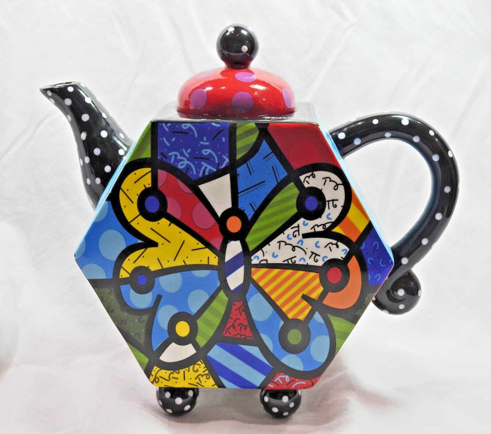 2009 ROMERO BRITTO GiftCraft Butterfly Polka Dot Teapot Retired #14072