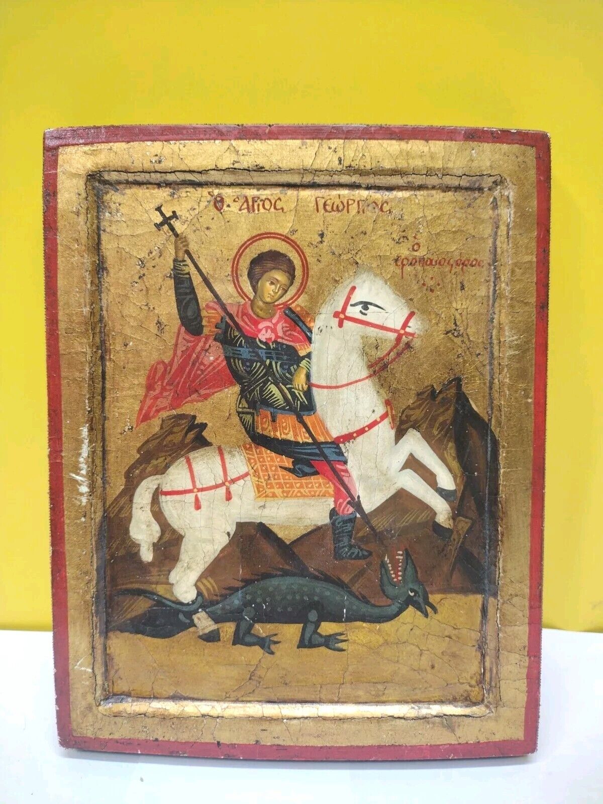 Vintage Greek Icon Saint George - Gold Folios / Egg Hand-painted Wood W/ COA