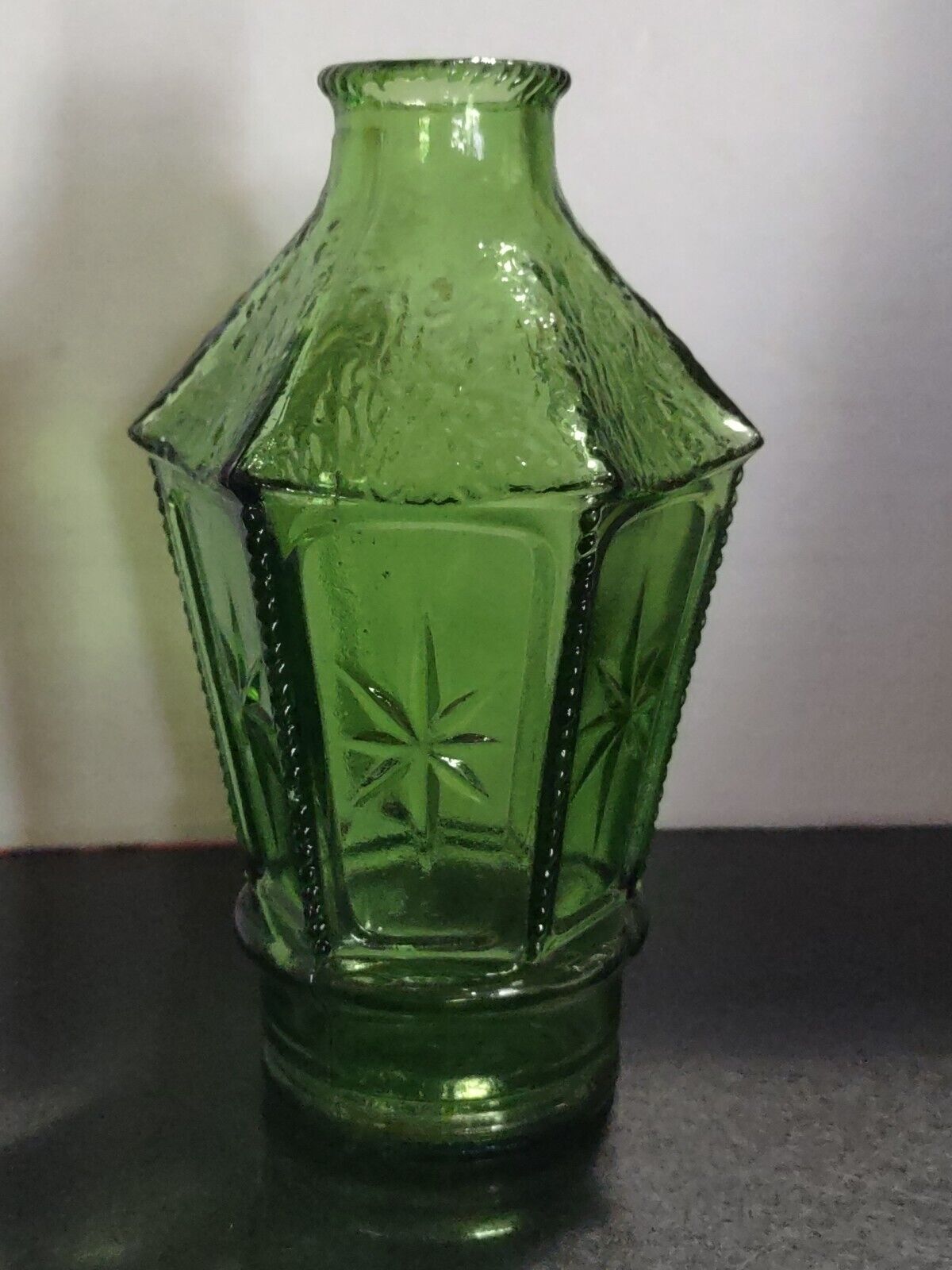 Vintage Wheaton Emerald Green Glass Panel Lantern Bottle 6” USA