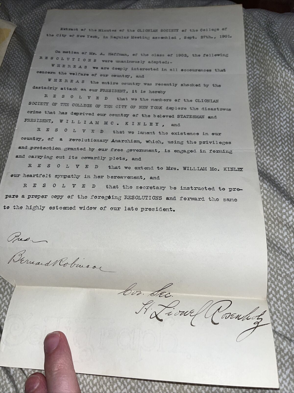 Clionian Society College New York City President McKinley Assassination Letter