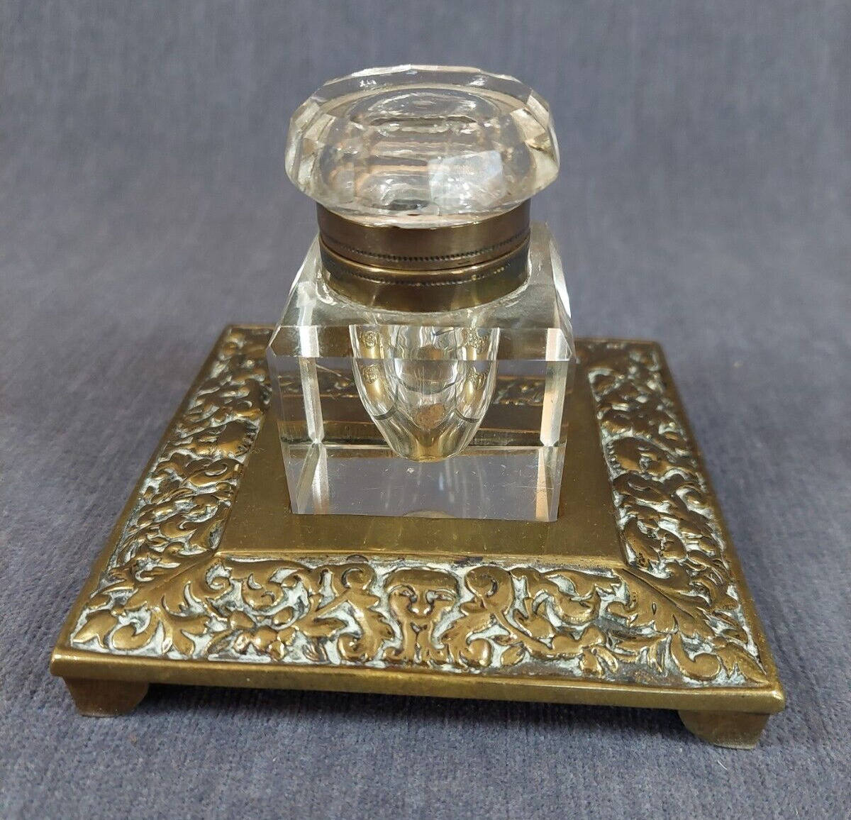 Vintage French Brass & Glass Inkwell
