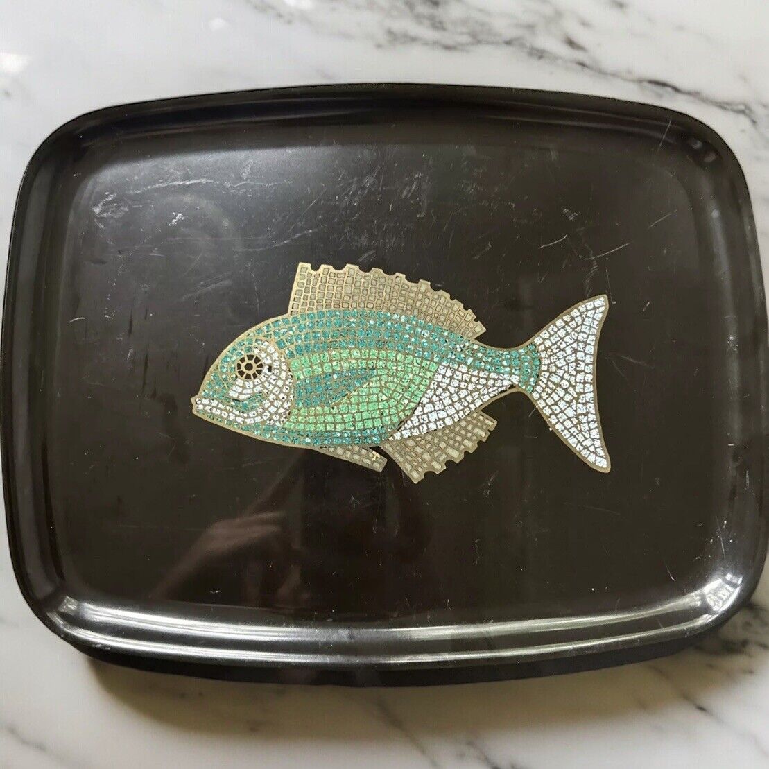 Vtg Couroc by Monterey Serving Tray 12 x 9 Inlaid Fish Mid Century MCM