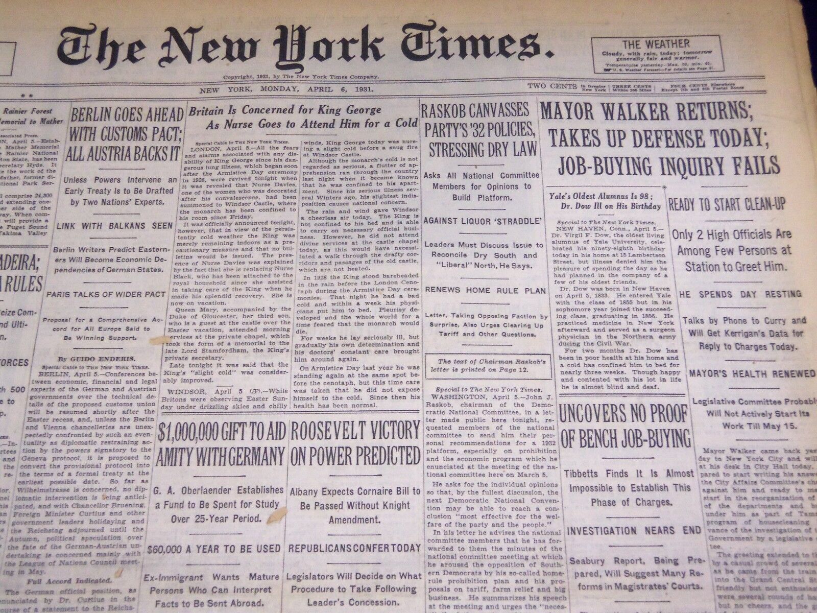 1931 APRIL 6 NEW YORK TIMES - MAYOR WALKER RETURNS TO CLEAN-UP - NT 2221