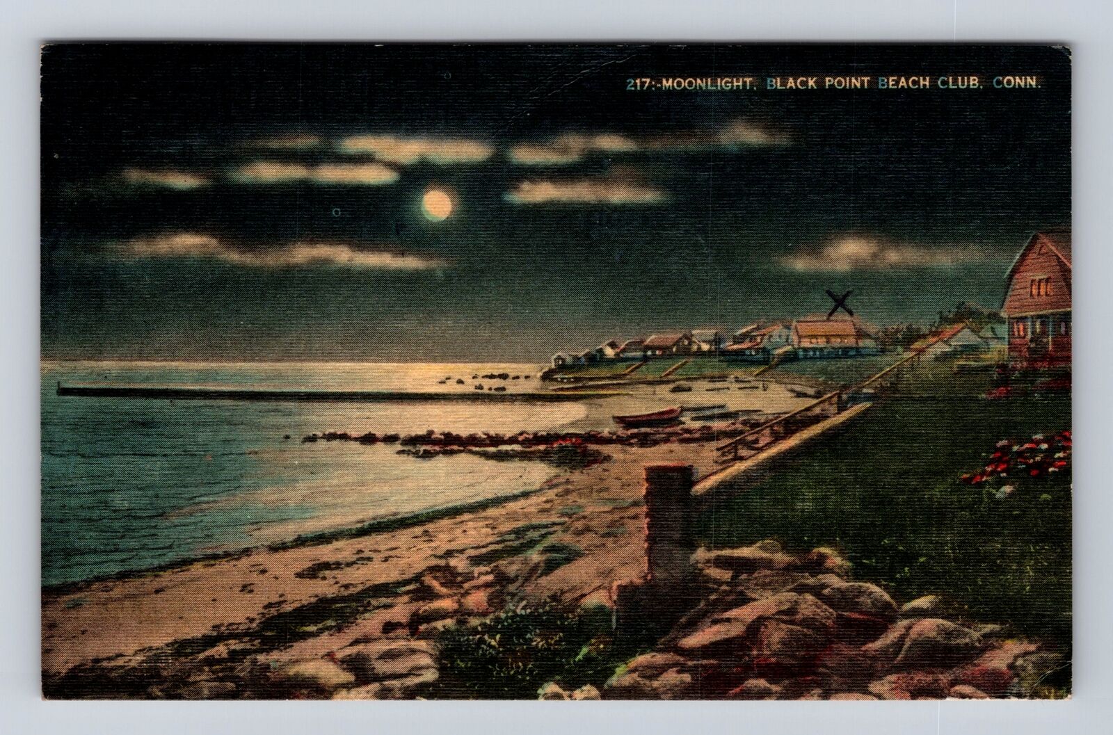 Black Point Beach Club CT-Connecticut, Moonlight, Vintage c1949 Postcard