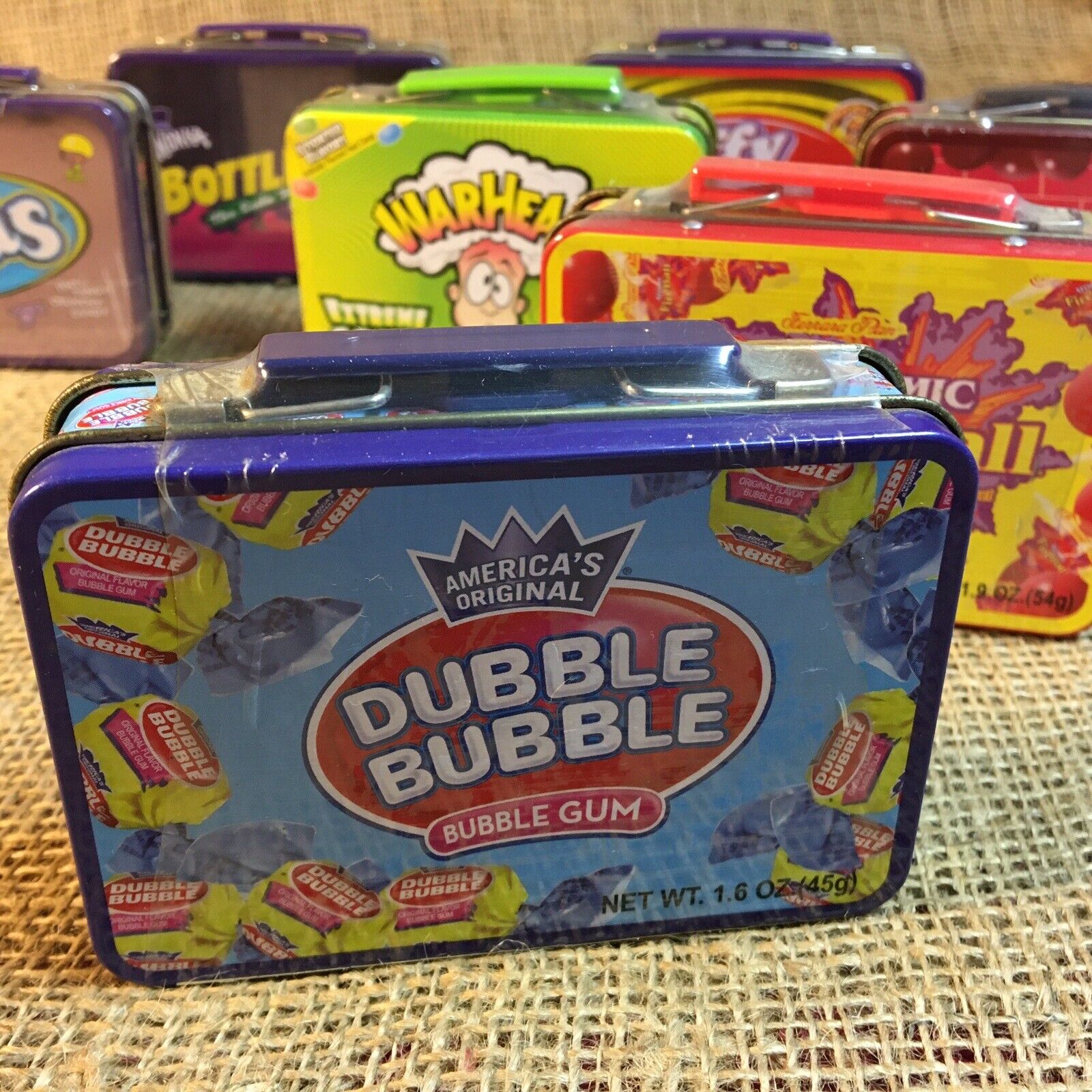 8 Vtg Mini Lunchboxes;Red Hots Boston Beans Dubble Bubble Warheads Smarty Taffy