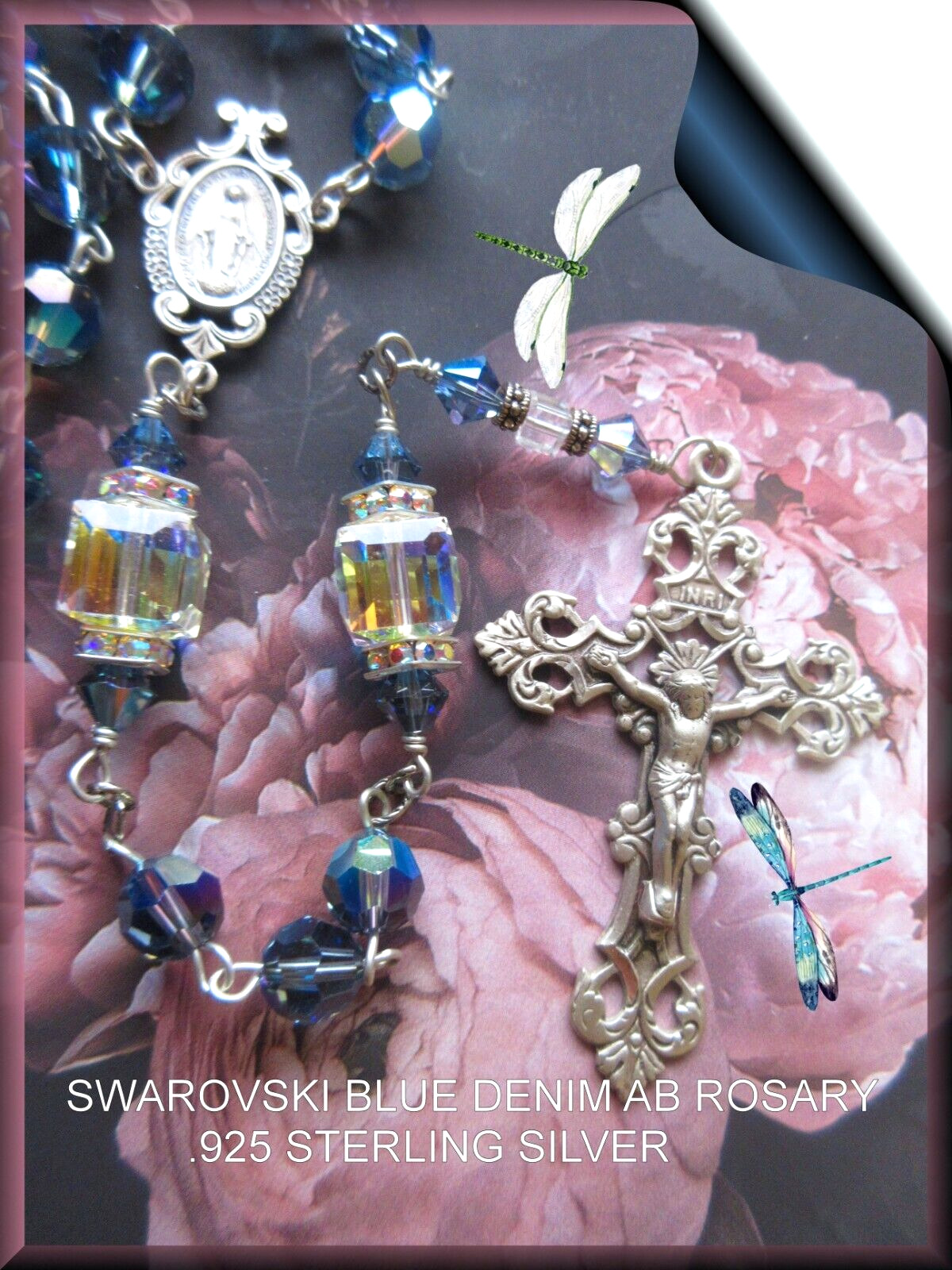 +Handmade Rosary Swarovski Blue Denim AB .925 Sterling Silver Blessed