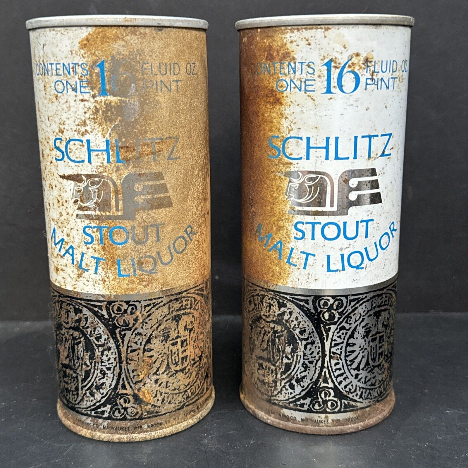 Lot of 2 Vintage 70s Schlitz Stout Malt Liquor Pull Tab 16 oz Pint Beer Cans
