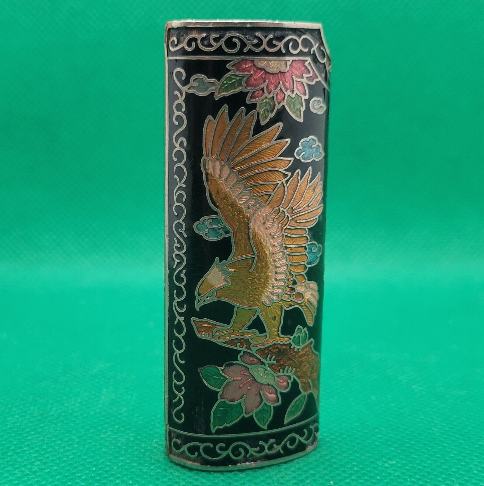 Vintage Cloisonne Enamel Eagle Lighter Case Cover Floral