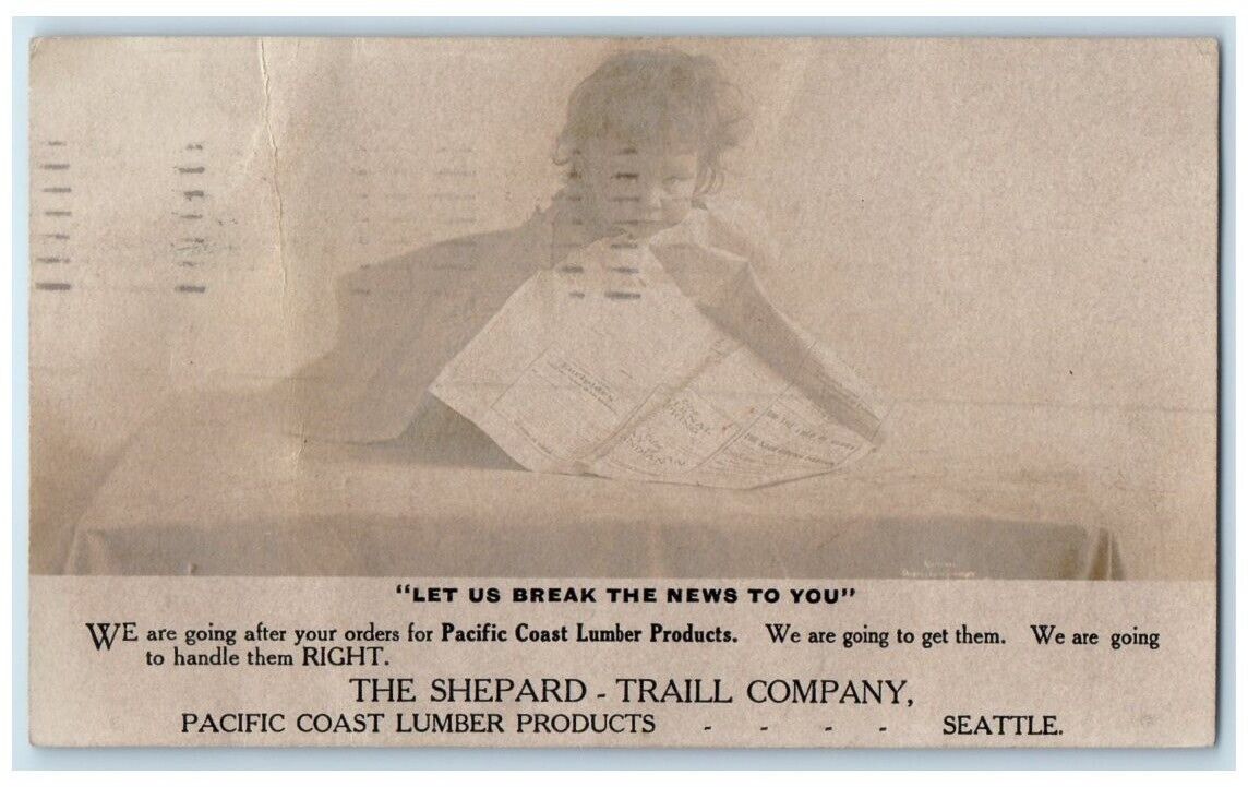 1908 Child Newspaper Pacific Coast Lumber Advert Seattle WA  RPPC Photo Postcard