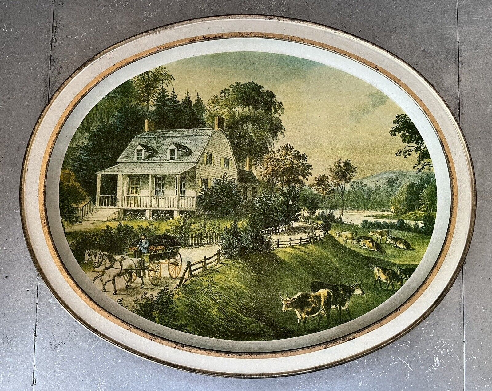 Currier and Ives THE AMERICAN HOMESTEAD SUMMER Tray Oval Tin Platter
