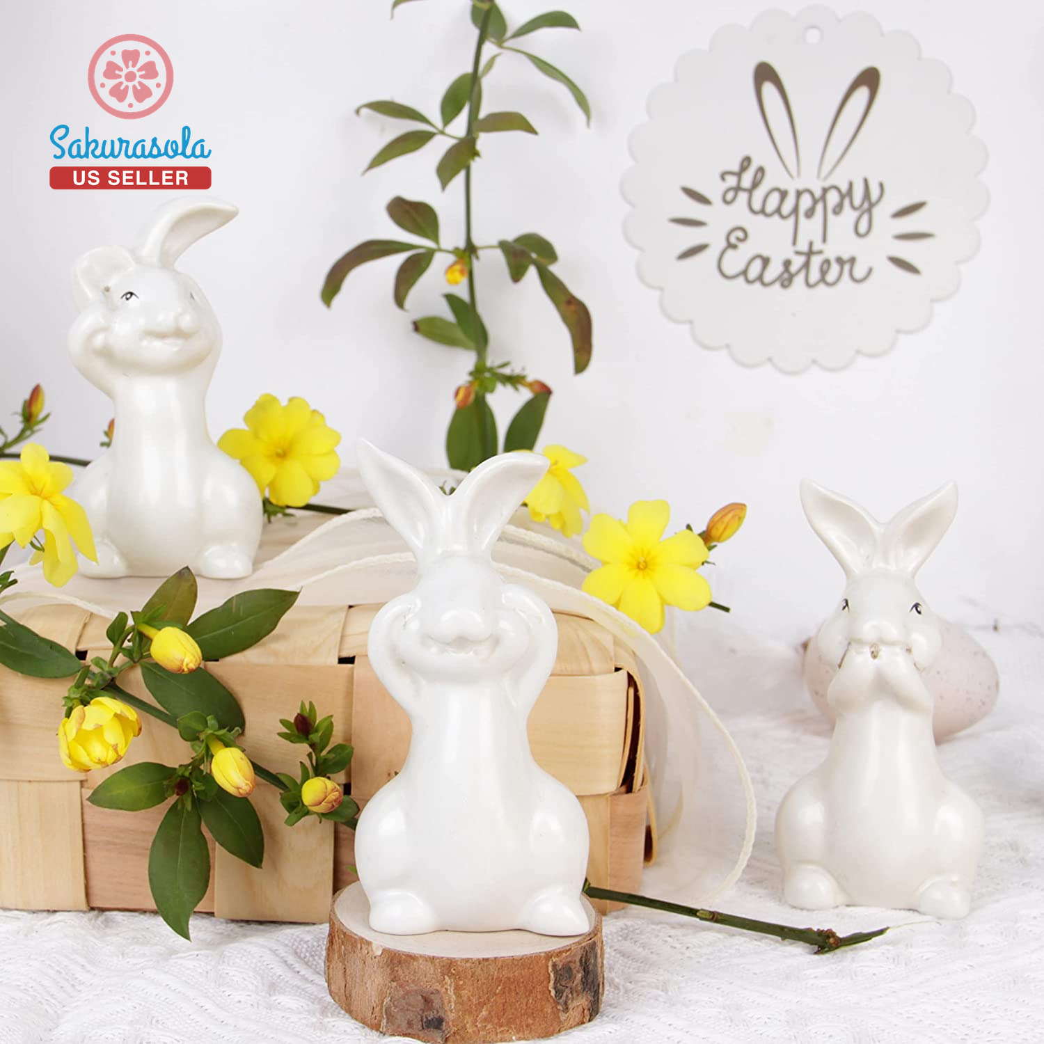 White Resin Easter Bunny Figurines Set of 3,Small Easter Bunny Status Decor,Vint