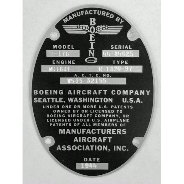 Boeing B-17G Data Plate on Aluminum Stock DPL-0101-SJ