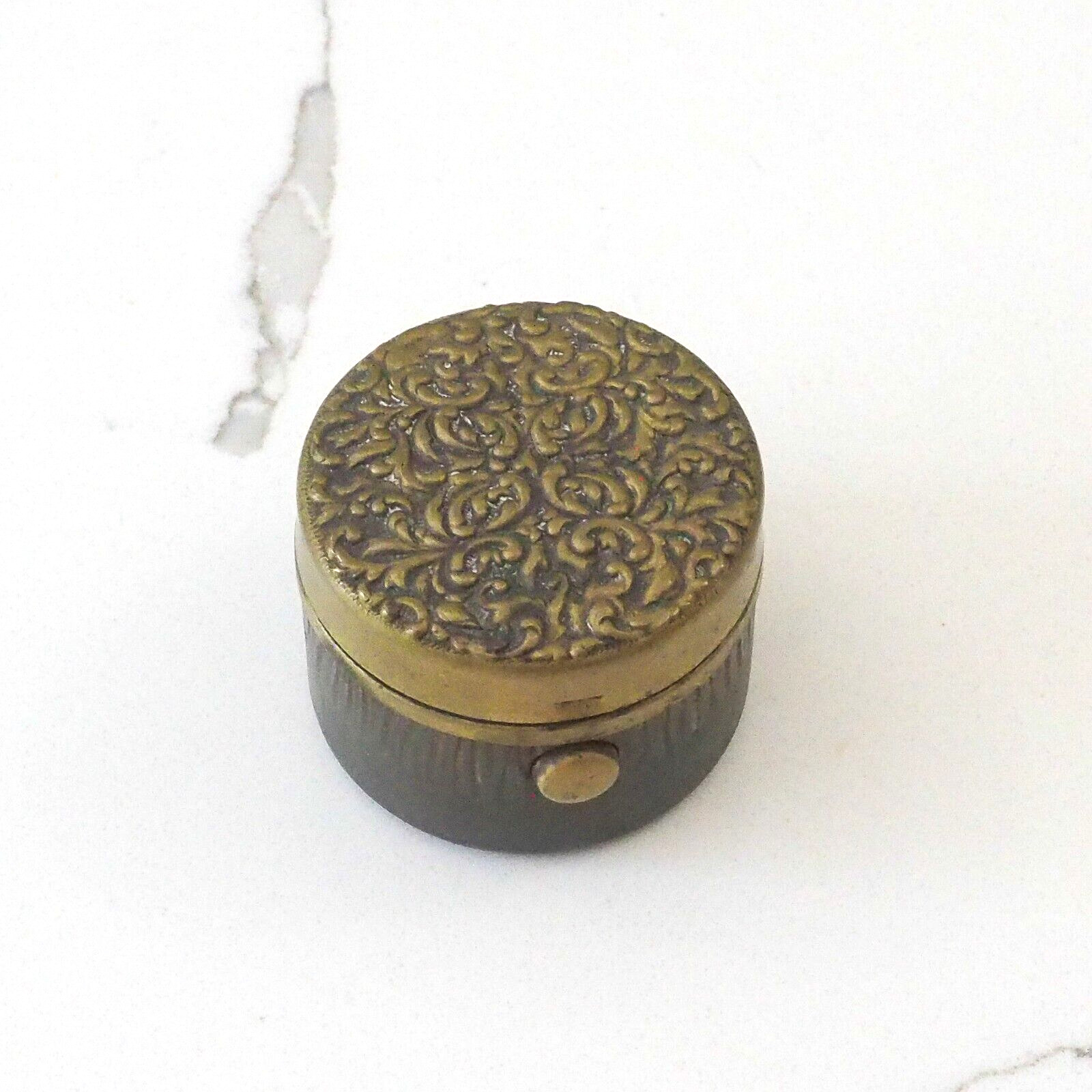 antique traveling inkwell w repoussé lid glass insert, push button inkwell