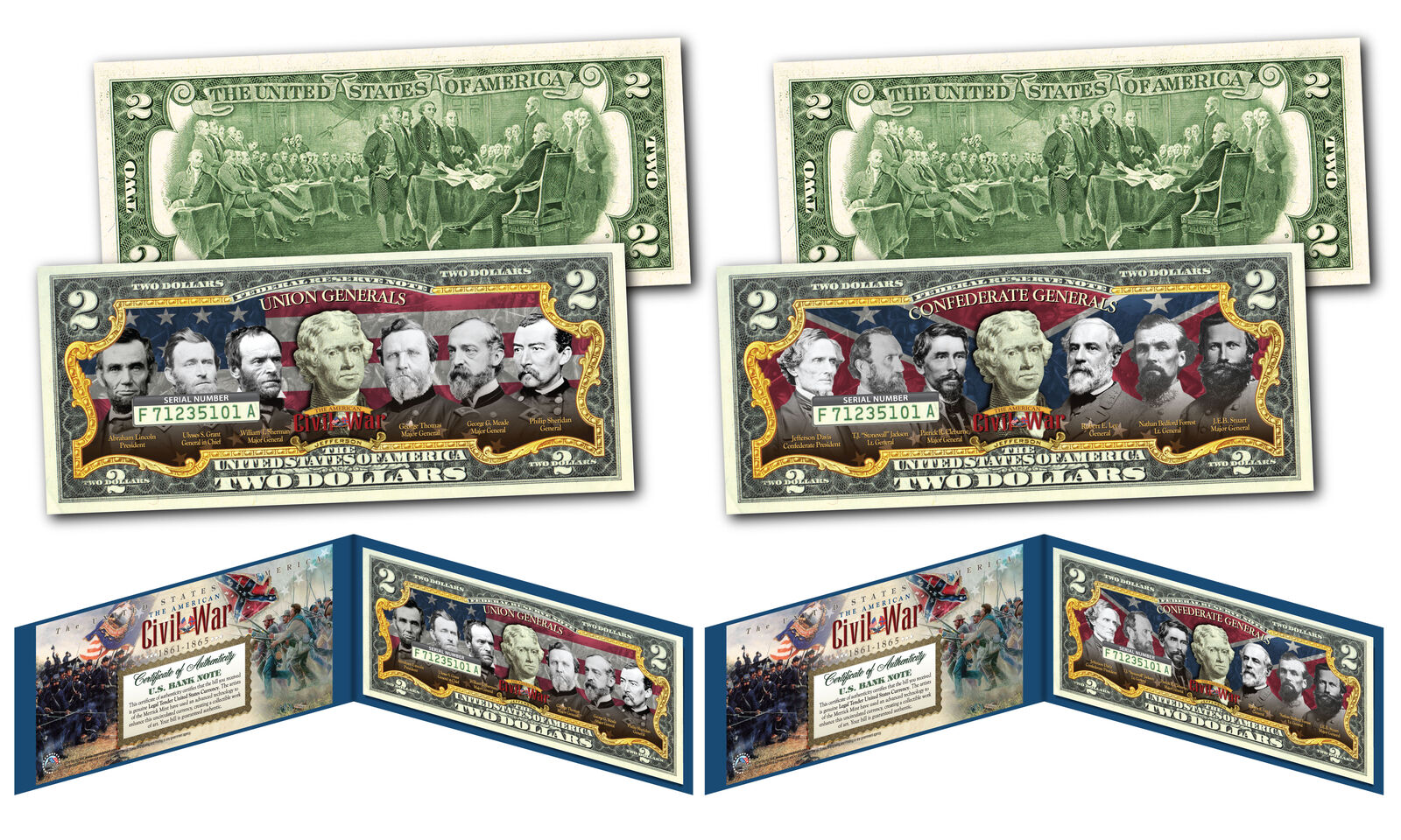 CONFEDERATE & UNION GENERALS of the American Civil War $2 U.S. Bills - SET OF 2