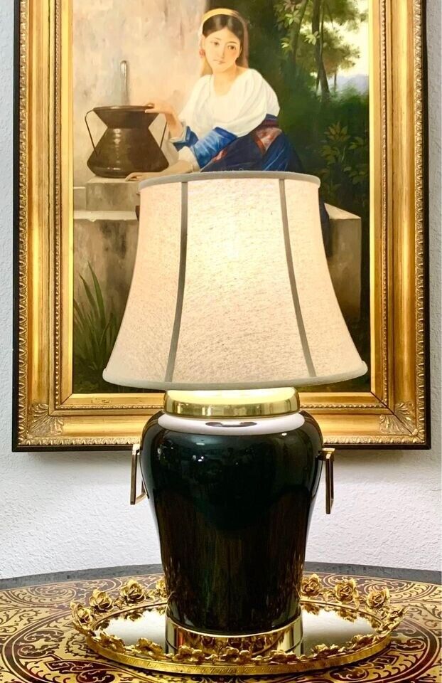 Lamp Large Black Porcelain Brass Beautiful Vintage Lighting Classic NO Shade