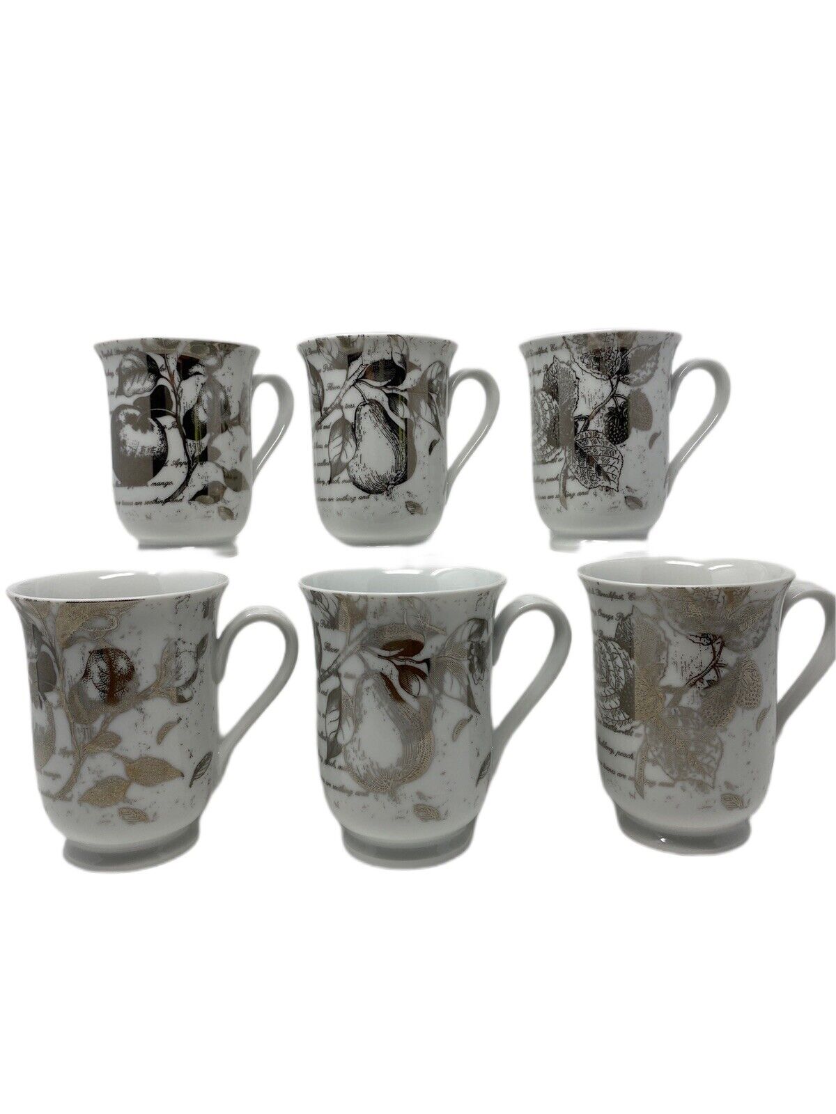 Pottery Barn Botanical Silver Leaf Berries/Fruit/Script on White Porcelain Mugs