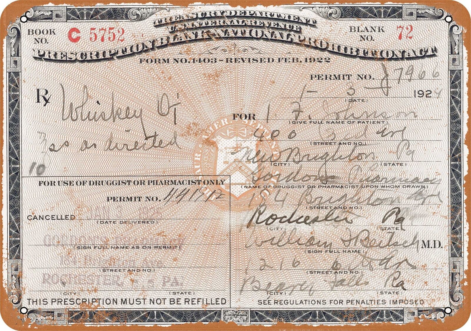 Metal Sign - 1924 Prescription for Whiskey During Prohibition - Vintage
