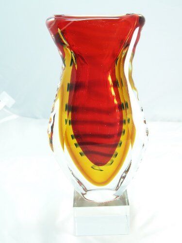 M Design Art Glass Ruby with Amber Line Sommerso Heavy Glass Vase [Kitchen]
