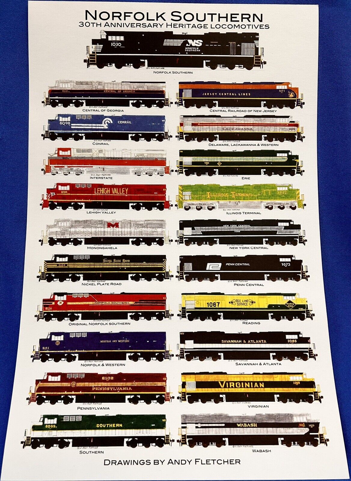 RARE Norfolk Southern 30th Anniversary Heritage Locomotives Poster