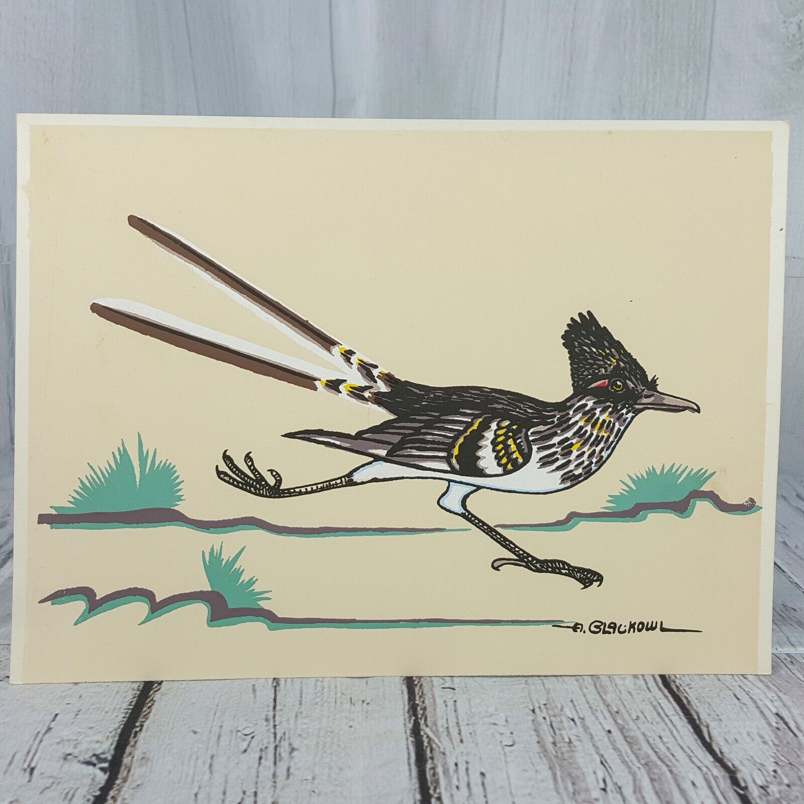 Archie Blackowl Serigraph Silkscreen Roadrunner Bird Cheyenne Native Art 6 x 8\