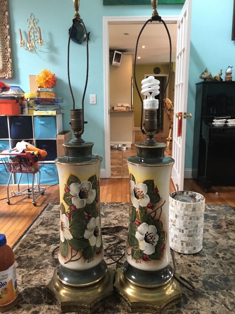 VINTAGE CERAMIC ELECTRIC HAND PAINTED Floral TABLE LAMPS signed